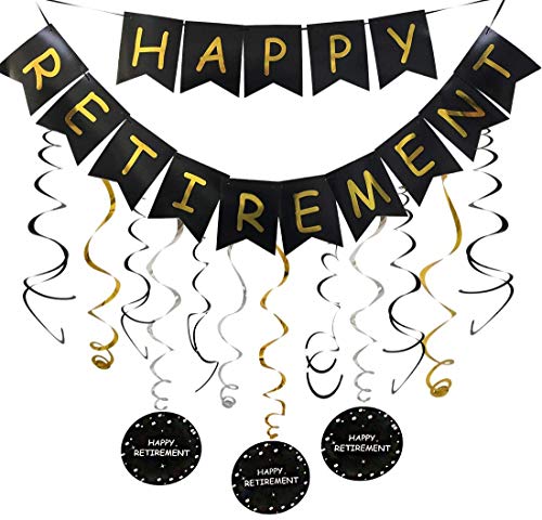 Retirement Party Decorations for Men Women Black Gold Happy Retirement Banner Hanging Swirls Kit for Retirement Party Decor Supplies