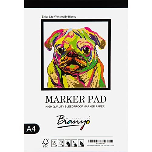 Bianyo Bleedproof Marker Paper Pad, A4(8.27'X11.69'), 50 Sheets, 18 LB / 70 GSM, Glue-Bound, 100% Cotton, White, Ideal for Use with Markers and Ink Mediums