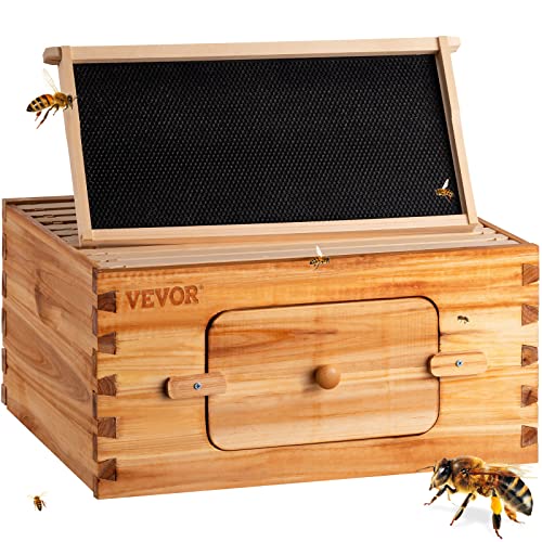 VEVOR Bee Hive, 10 Frame Complete Beehive Kit, Dipped in 100% Natural Beeswax Includes 1 Deep Brood Box with Waxed Foundations, for Beginners & Pro Beekeepers, Brown