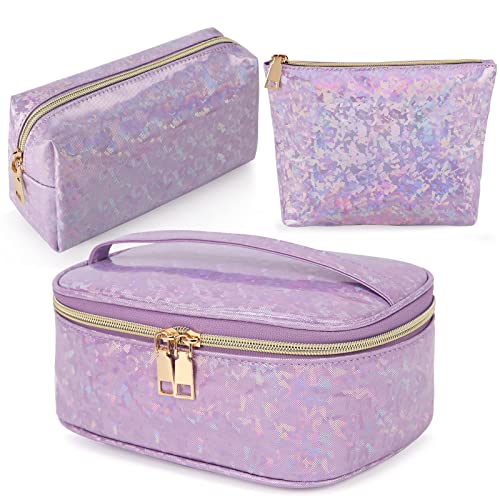 Lubardy Makeup Bag Leather Cosmetic Bag Waterproof Makeup Pouch Portable Makeup Travel Bag Multifunctional Cosmetic Organizer Bag for Women, 3-Pack, Purple