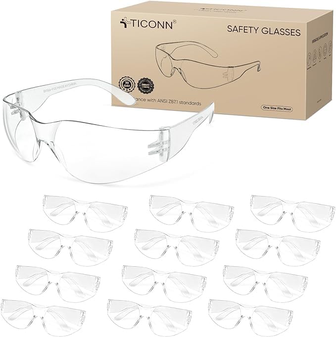 TICONN 12 Clear Safety Glasses for Men, Safety Goggles with Scratch Impact Resistant Meets ANSI Z87.1 Standard (12 Pack)