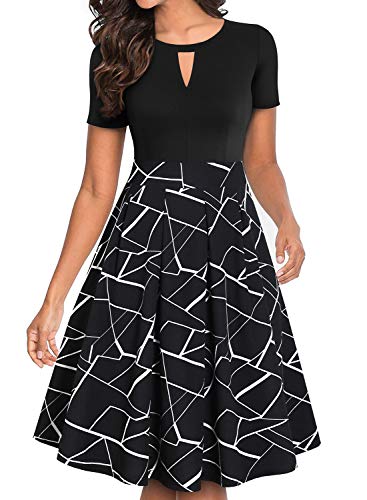 YATHON Dresses for Women Casual Fall Elegant Classic White Black Geometric Print Pocket Vintage Pleated Flare Swing Family Dinner Prom Formal Dress (L, YT018-Black Stripe)