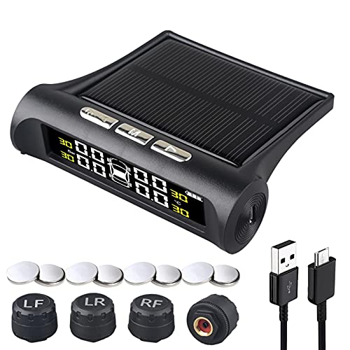 Tire Pressure Monitoring Systems TPMS 6 Alarm Modes Wireless Solar Power and USB Charge with 4 External Sensors Real Time Pressure and Temperature Alarm Auto Safety Monitor for Truck Rv Trailer Car