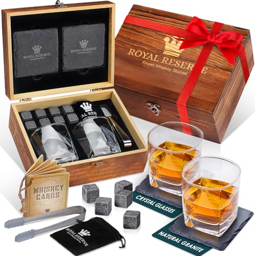 Whiskey Stones Gift Set by Royal Reserve – Artisan Crafted Scotch Bourbon Glasses, Chilling Rocks, Coasters and Tongs – Gift for Guy Men Dad Boyfriend Anniversary or Retirement