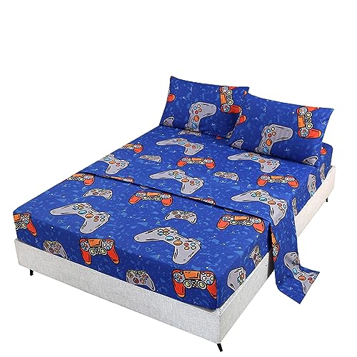 SDIII 4PCS Blue Gamer Sheets Full, Bed in a Bag Gaming Bedding Sheet Full, Wrinkle and Fade Resistant, Hotel Luxury, Cute Bedding Sheets for Kids, Boys and Girls, Full