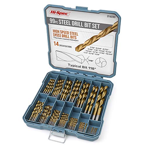 Hi-Spec 99pc SAE HSS Steel Drill Bit Set for Drill Drivers. 1/16 to 3/8' Size Bits for Metal, Plastics, Wood and Drywall. Complete in Storage Holder Case