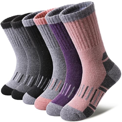 DOSKONI Kids Merino Wool Hiking Socks Boys Girls Toddlers Winter Warm Thick Thermal Cushion Crew Gift Socks 6 Pairs Wool Socks,4-7 Year Old