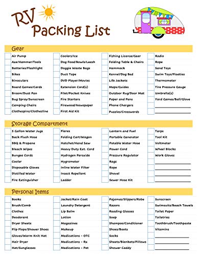 Ultimate RV Equipment Checklist - Reusable Laminated & Double Sided - Never Forget Packing Items