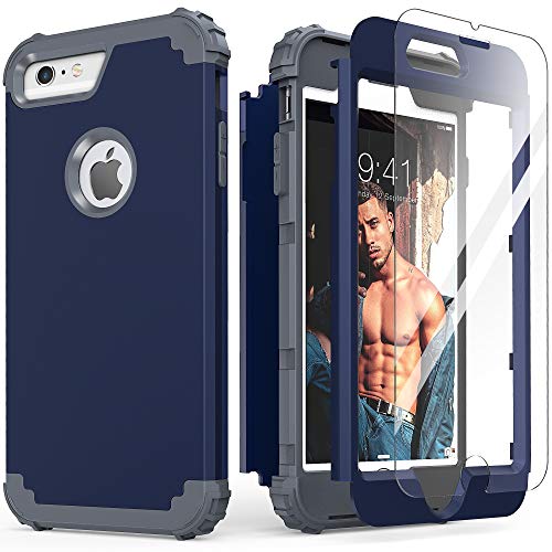 IDweel for iPhone 6S Plus Case with Tempered Glass Screen Protector,Blue for iPhone 6 Plus Case, 3 in 1 Shockproof Slim Hybrid Heavy Duty Hard PC Cover Soft Silicone Bumper Full Body Case,(Blue)