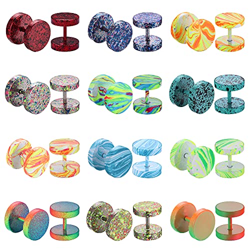 FIBO STEEL12 Pairs Faux Gauge Earrings Stainless Steel Stud Earrings for Men Women Cheater Fake Ear Plugs Gauges Tunnel