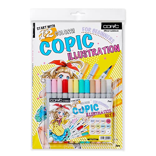 Copic Ciao Illustration Book Bundle Set, Alcohol-Based Markers (12 pcs) with an Instruction Book