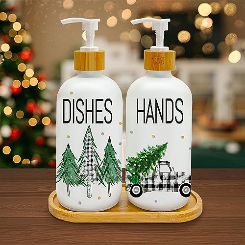 Christmas Soap Dispenser, Christmas Kitchen Decor, Christmas Truck Tree Glass Soap Dispenser for Kitchen Countertop, Christmas Kitchen Decorations, Refillable Hand Soap Dispenser with Pump