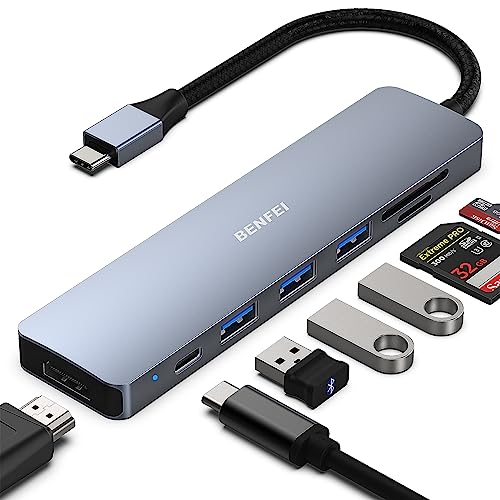 BENFEI USB C HUB 7in1, USB C HUB Multiport Adapter with USB-C to HDMI, USB-C to SD/TF Card Reader/3*USB 3.0/60W Power Delivery, Compatible with iPhone 15 Pro/Max, MacBook, iPad Pro, iMac, S23, XPS17