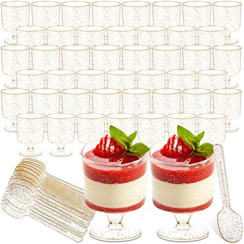 Potchen 120 Pack 7oz Plastic Dessert Cups with Spoons Appetizer Cups Ice Cream Bowls Glitter Plastic Cups Wine Goblets for Wedding Party Supplies