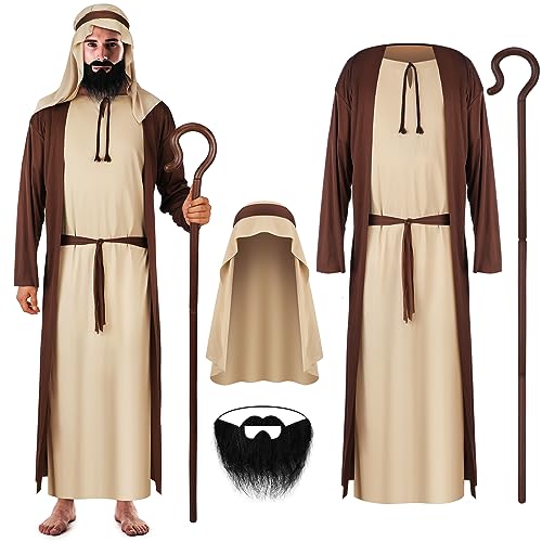 Ramede Jesus Costume Adult Men Biblical Religious Costume Jesus Robe Turban Walking Stick Beard for Halloween Party (Brown,Adult, Medium)