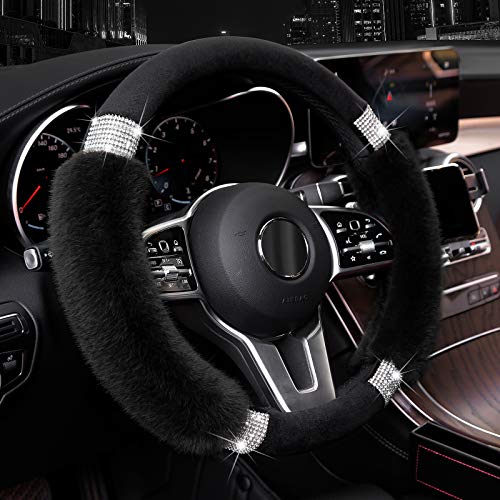 Achiou Rhinestone Fluffy Steering Wheel Cover - Comfortable Non-Slip Luxury Faux Wool, Universal Fit for 14.5' to 15' Steering Wheels