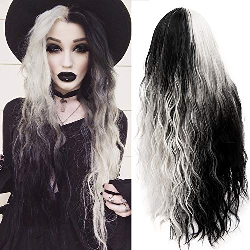 Mildiso Long Wigs for Women 26'' Black White Wig Cute Colorful Silver Hair Wig with Comfortable Wig Net Perfect Wigs for Party Halloween M051