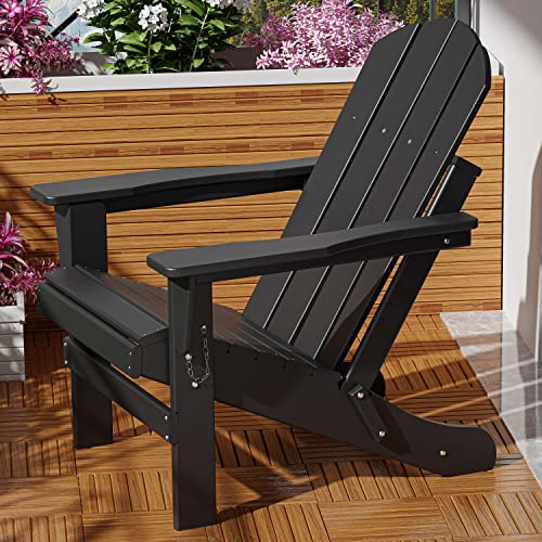 WUTUTUEE Adirondack Chair Weather Resistant Folding Outdoor Patio Adirondack Fire Pit Plastic Chair for Outside, Deck, Garden, Campfire, Composite (Black)
