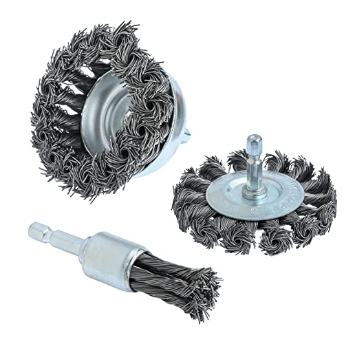 FPPO 3PCS 3 Inch Knotted Wire Wheel Cup Brush and Twist End Brush Set,1/4' Shank for Drill,Perfect for Rust Removal, Corrosion and Paint