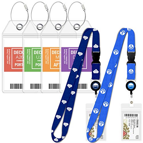 Carnival Cruise Luggage Tag Holders [4 Pack] & Cruise Lanyard Set [2 Pack] Large Tag Holders for Your Cruise Ship Luggage eTags [2023, 2024 & 2025] Clear, Plastic & Waterproof (Cruise Lanyards Blue)