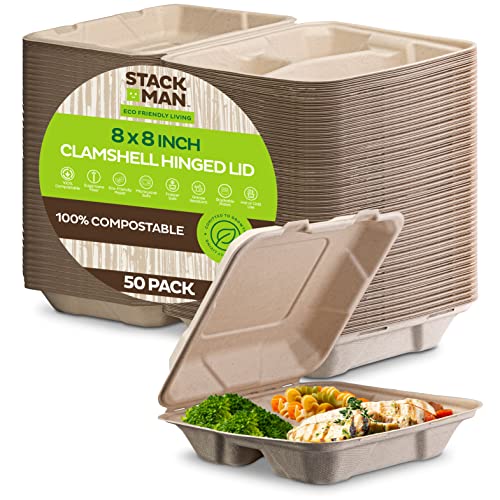 100% Compostable Clamshell Take Out Food Containers [8X8' 3-Compartment 50-Pack] Heavy-Duty Quality to go Containers, Natural Disposable Bagasse, Eco-Friendly Biodegradable Made of Sugar Cane Fibers