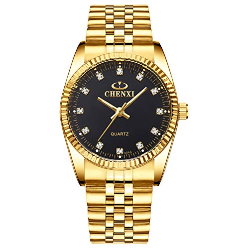 DREAMING Q&P Classic Golden Stainless Steel Strap Luxury Men's Unisex Quartz Wrist Watches for Man Woman Black Face