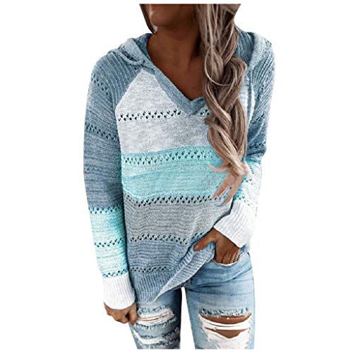 YAnGSale Top Casual Patchwork Sweater Women Fashion Hoodies Long Sleeves Shirt Hooded Blouse Knit Pullover (Sky Blue, XXXL)
