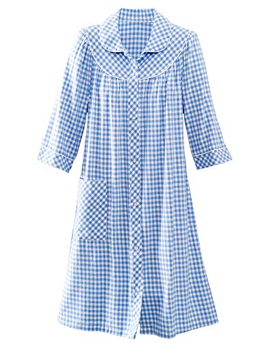 National Women's Short Yarn Dyed Flannel Check Duster House Coat - Soft Yarn-Dyed Flannel for Warmth and Comfort, Blue, 1X