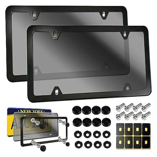 BGMVFK License Plate Cover Frame Combo- Universal Front Rear Protector, Flat Car Tag Cover & Black Aluminum Frame Holder with Screws Caps, 2 Sets