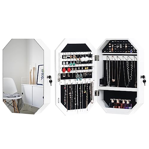 Bonnlo Modern Diamond-Shaped Jewelry Armoire, Lockable Octagonal Jewelry Cabinet Organizer with Mirror, Wall Mounted for Space Saving