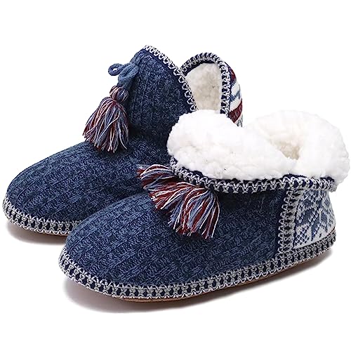 GPOS Knit Cotton Bootie Slippers for Women Cozy Cute Winter House Slippers Lightweight Warm Slipper Boots with Non Slip Grippers Indoor Dark Blue