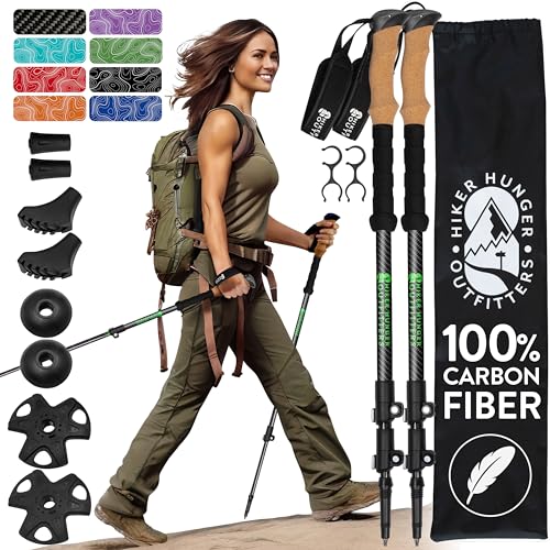 Hiker Hunger Carbon Fiber Trekking Poles | Collapsible Walking Sticks for Travel | Walking Poles for Women | Hiking Poles for Men | Hiking Sticks | Walking Stick - 3k Black & Green Cork