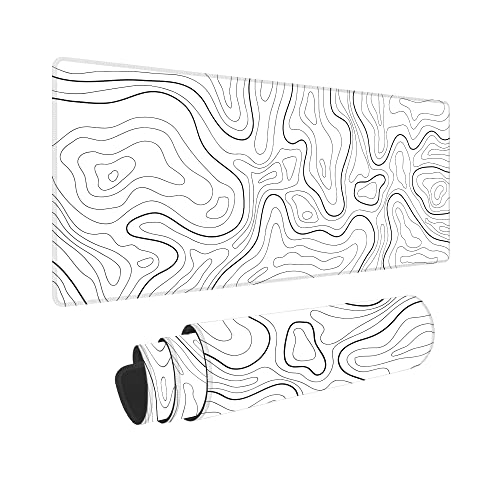 【Super Smooth Fabric】Minimalist Desk Mat Topographic Pattern Gaming Mouse Pad Large Desk Pad with Stitched Edges Gaming Mousepad Aesthetic Deskmat XL, Keyboard Pad for Women Desk 31.5'x11.8' White