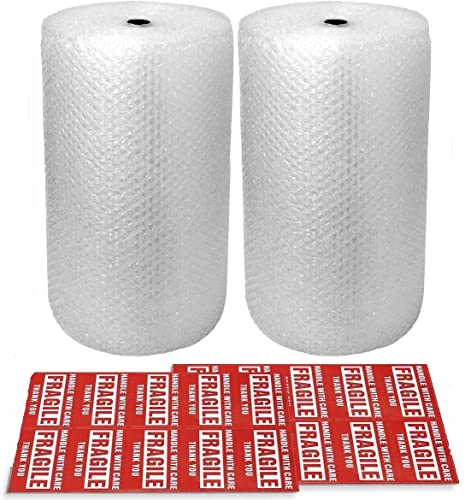 2-Pack Bubble Cushioning Nylon Wrap Rolls, 3/16' x 12' x 72' ft Total, Perforated Every 12', 20 Fragile Stickers for Packaging, Shipping, Mailing