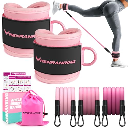 RENRANRING Ankle Resistance Bands with Cuffs, Glutes Workout Equipment, Ankle Bands for Working Out, Butt Exercise Equipment for Women Legs and Glutes (Pink)