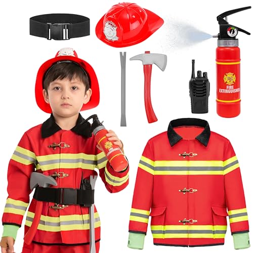 Spooktacular Creations 8PCS Firefighter Costume for Kids, Fireman Costume for Boys, Fire Fighter Costume for Boys Halloween Dress-up Parties, Fireman Role Play (Small (5-7yr))