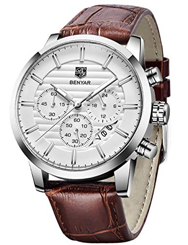 BENYAR Chronograph Waterproof Watches Business and Sport Design Brown Leather Band Strap Wrist Watch for Men (Coffee Silver White)