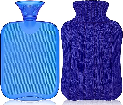 Attmu Hot Water Bottle with Cover Knitted, Transparent Hot Water Bag 2 Liter - Blue