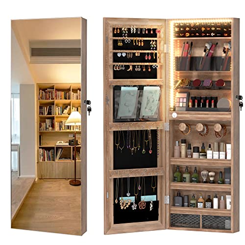 LVSOMT Hanging/Over the Door Mirror Jewelry Cabinet with LED Lights, Lockable Jewelry Armoire Organizer, Mirror with Jewelry Storage, Brown