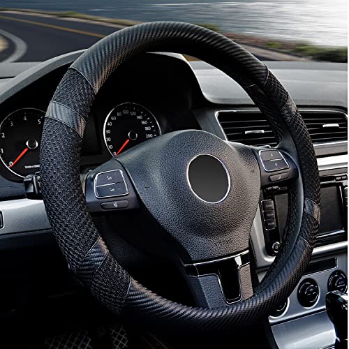 BOKIN Carbon Fiber Steering Wheel Cover, Universal 14.5-15 inch, Auto Car Microfiber Leather, Breathable Ice Silk Steering Wheel Protector, Cool in Summer and Warm in Winter, Carbon Fiber Black