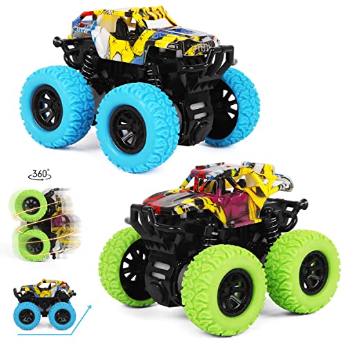 M SANMERSEN Car Toys for Boys 3-5 Years Old - Monster Toys Truck 2 Pack 360° Rotating Stunt Cars - Toddler Car Toys for Boys Girls Gifts