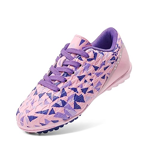 DREAM PAIRS Boys Girls Indoor Turf Soccer Shoes Lace Up Cleats(Toddler/Little Kid/Big Kid),Size 4 Big Kid,PINK/PURPLE,SDSO223K