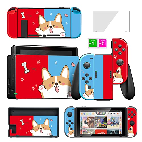 oqpa for Nintendo Switch Skin Cute Kawaii Cartoon Character Design Sticker, Fun Funny Fashion Cool Switch Game Skins for Girls Boys Kids Stickers+Tempered Glass Film for Nintendo Switch (Red Blue Dog)