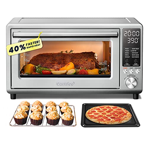 COMFEE' Toaster Oven Air Fryer FLASHWAVE Ultra-Rapid Heat Technology, Convection Toaster Oven Countertop with Bake Broil Roast, 6 Slice Large Capacity 12’’ Pizza 24QT, 4 Accessories, Stainless Steel
