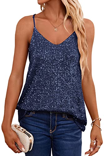 Womens Sequin Tank Tops Casual Fashion V Neck Strappy Sparkly Shimmer Cami Shirts Sexy Sleeveless Racerback Tops Vest Navy, XXL