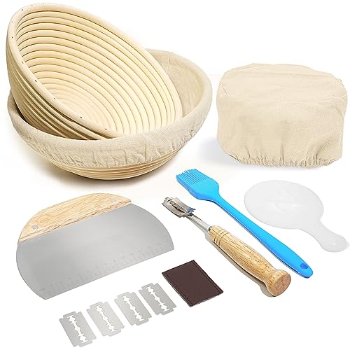 Unihopper Bread Proofing Basket Set of 2,9 Inch Round Sourdough Bread Baskets Bowls with Bread Lame Bread Making Tools Supplies for Sour dough Baking Fermentation