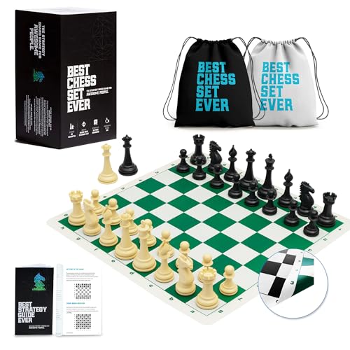 Best Chess Set Ever Tournament Chess Set, 4X Quadruple Weighted Staunton Pieces, with 20 in x 20 in Foldable Double-Sided Silicone Chess Board, XL Super Heavyweight Edition