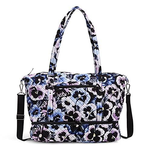 Vera Bradley Women's Cotton Deluxe Travel Tote Travel Bag, Plum Pansies - Recycled Cotton, One Size