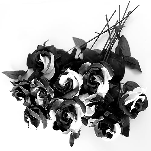 Yebazy 10 Pack Artificial Silk Roses Flowers with Eyeballs Fake Silk Rose Bouquets for Wedding Party Home Decorations Halloween Decoration (Black and White)