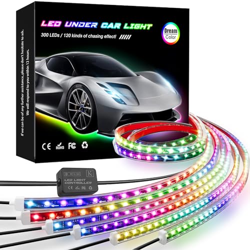 KORJO Car Underglow Lights, 6 Pcs Bluetooth Led Strip Lights with Dream Color Chasing, APP Control 12V 300 LEDs Underbody Lights, Waterproof Underglow Led Light Kit for Cars, Trucks, Boats